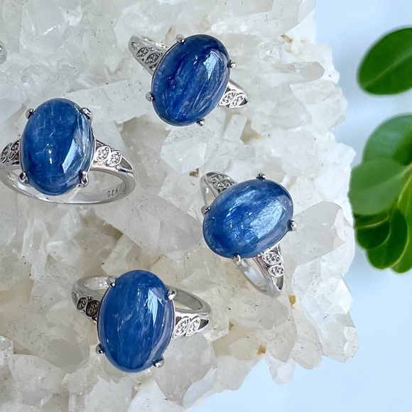 Natural Blue Kyanite Crystal White Bronze Ring - Picture 2 of 3